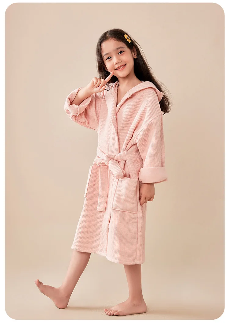 100% Cotton Waffle Kids Hooded Bathrobe Thick Soft Belted Homewear Sleepwear for Girls Boys Bear Solid Design