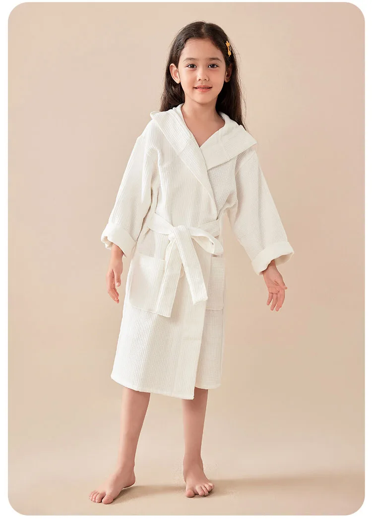 100% Cotton Waffle Kids Hooded Bathrobe Thick Soft Belted Homewear Sleepwear for Girls Boys Bear Solid Design