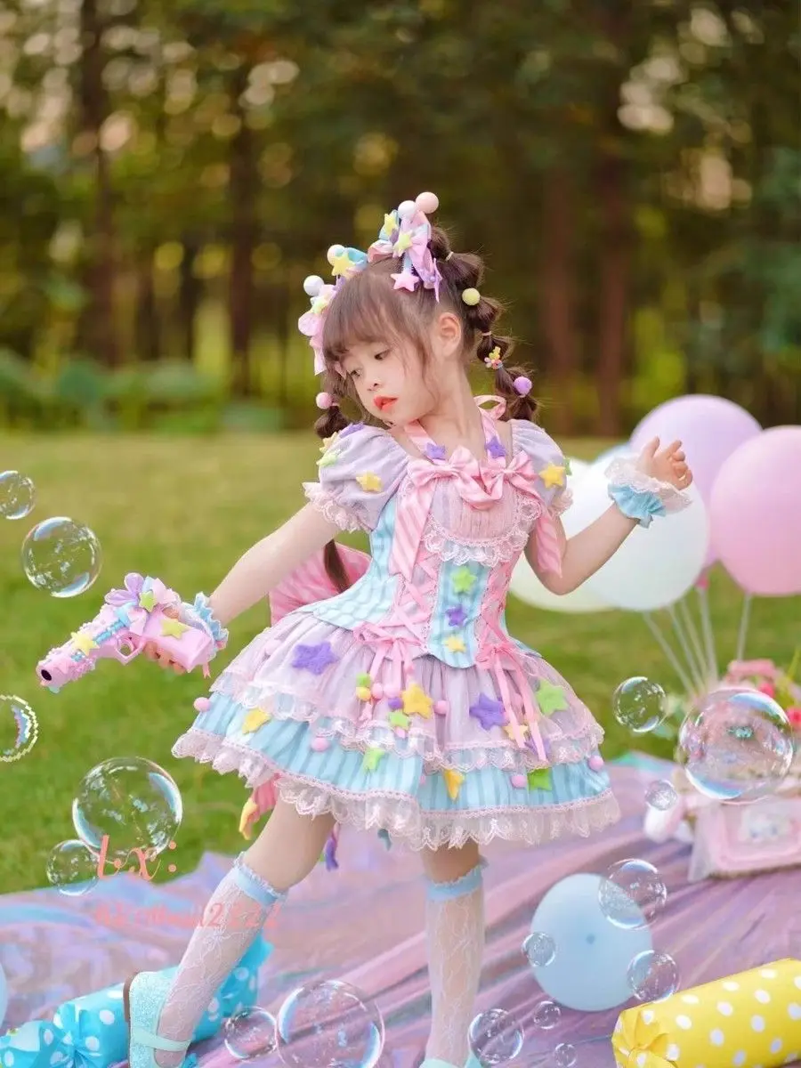 Summer Multicolor girl Backless Lolita Ball Gown Dress kid Princess Stripe Bow Birthday Party dresses Child Performance Clothing