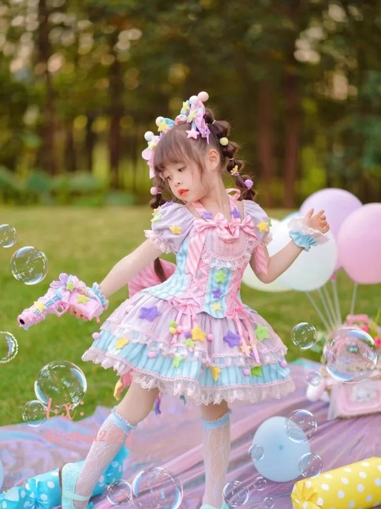 Summer Multicolor girl Backless Lolita Ball Gown Dress kid Princess Stripe Bow Birthday Party dresses Child Performance Clothing