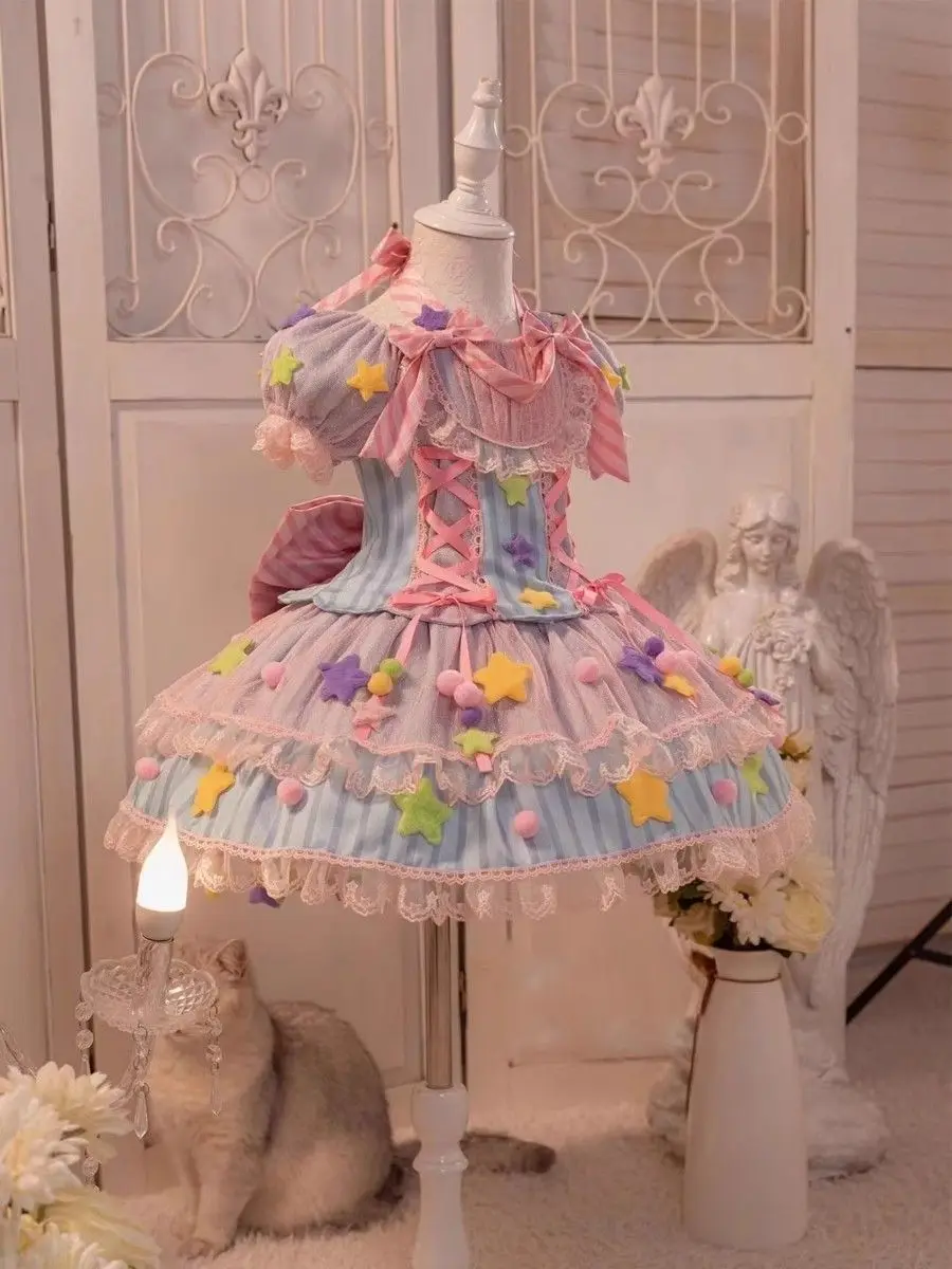 Summer Multicolor girl Backless Lolita Ball Gown Dress kid Princess Stripe Bow Birthday Party dresses Child Performance Clothing