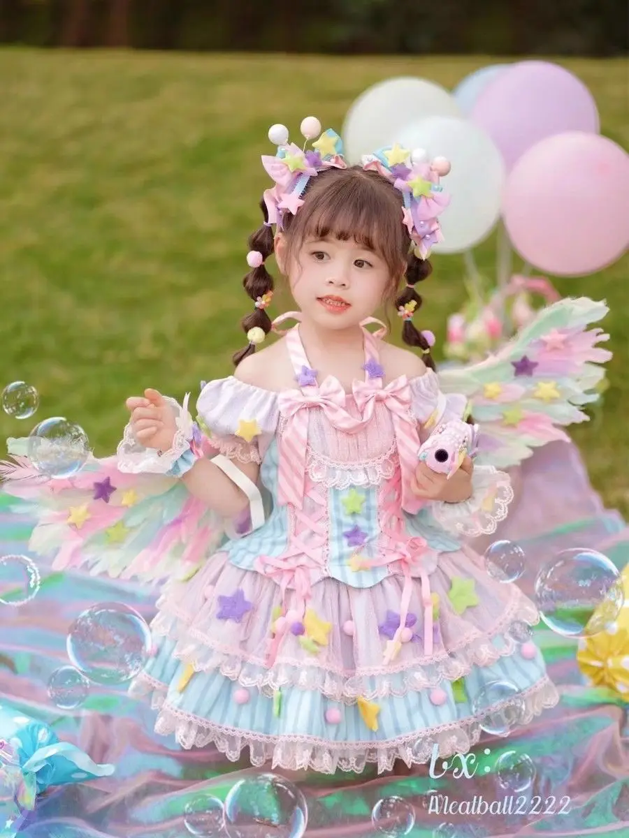 Summer Multicolor girl Backless Lolita Ball Gown Dress kid Princess Stripe Bow Birthday Party dresses Child Performance Clothing