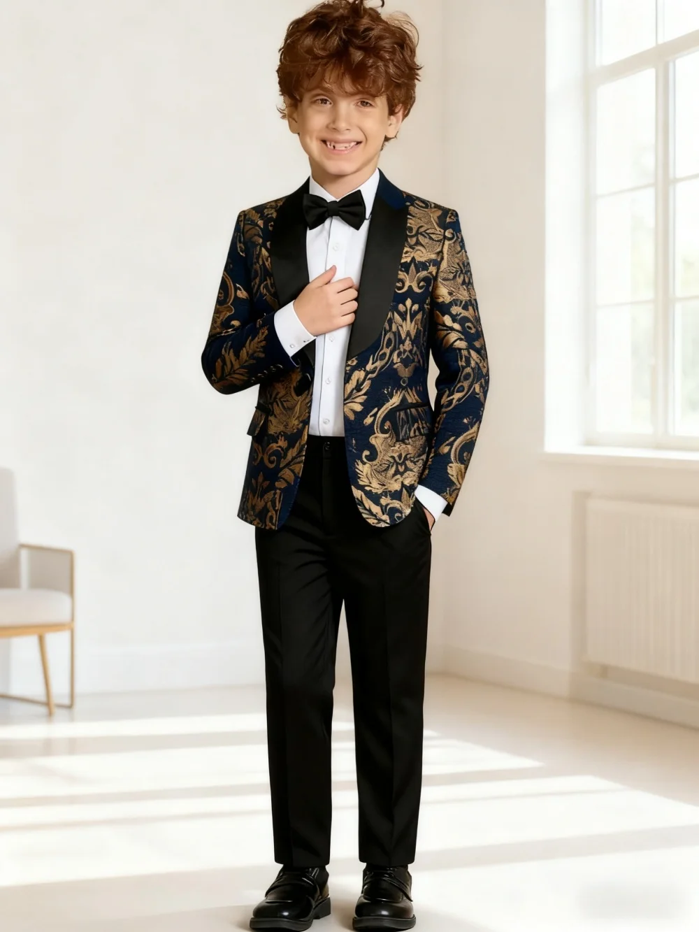 Premium Gold Embroidery Suit Set for Boys 3-14 Yrs Communion Suit Jacket Vest Pants Set Stylish Shawl Collar Children Tuxedo