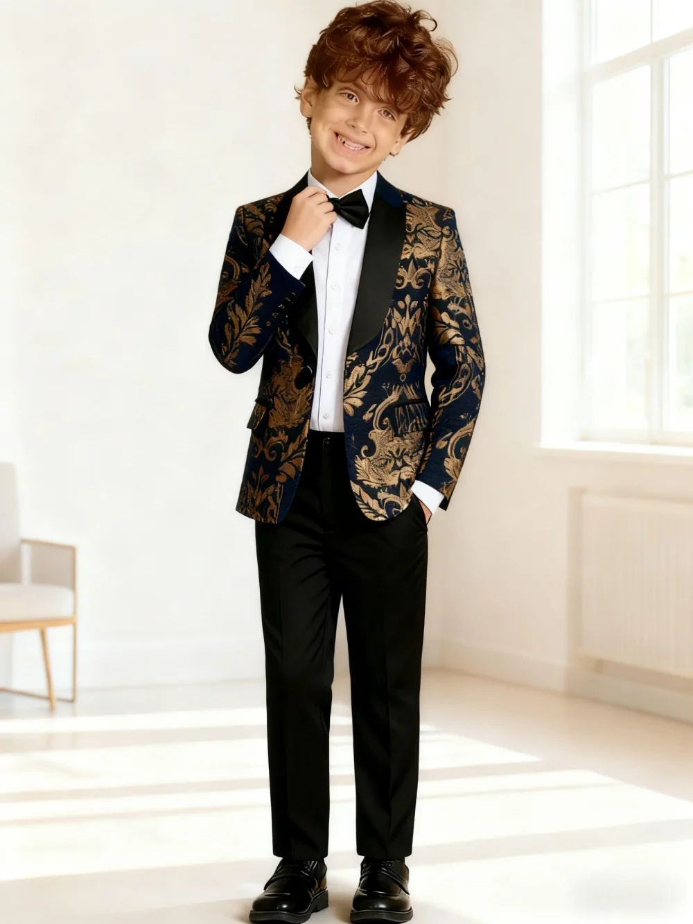 Premium Gold Embroidery Suit Set for Boys 3-14 Yrs Communion Suit Jacket Vest Pants Set Stylish Shawl Collar Children Tuxedo