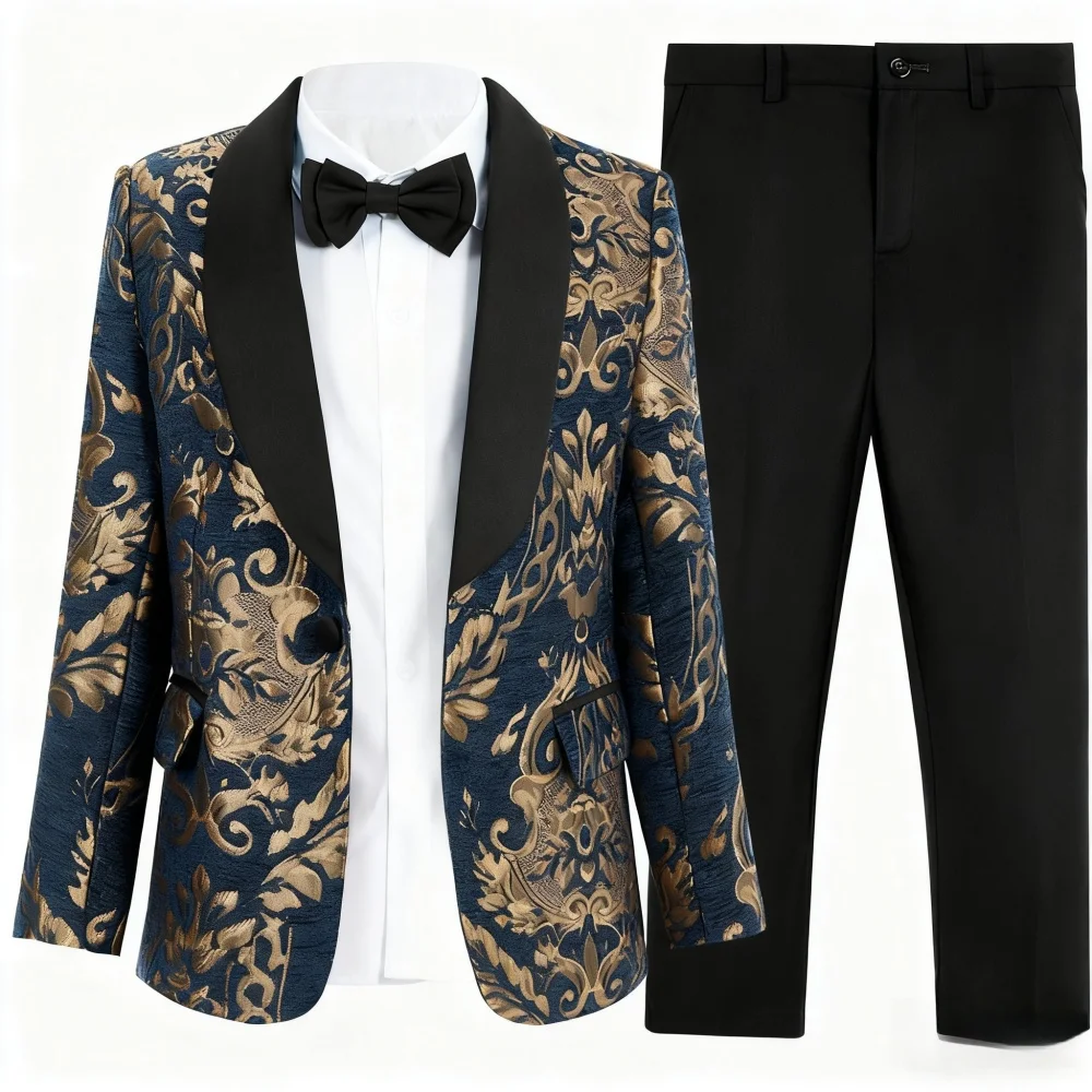 Premium Gold Embroidery Suit Set for Boys 3-14 Yrs Communion Suit Jacket Vest Pants Set Stylish Shawl Collar Children Tuxedo