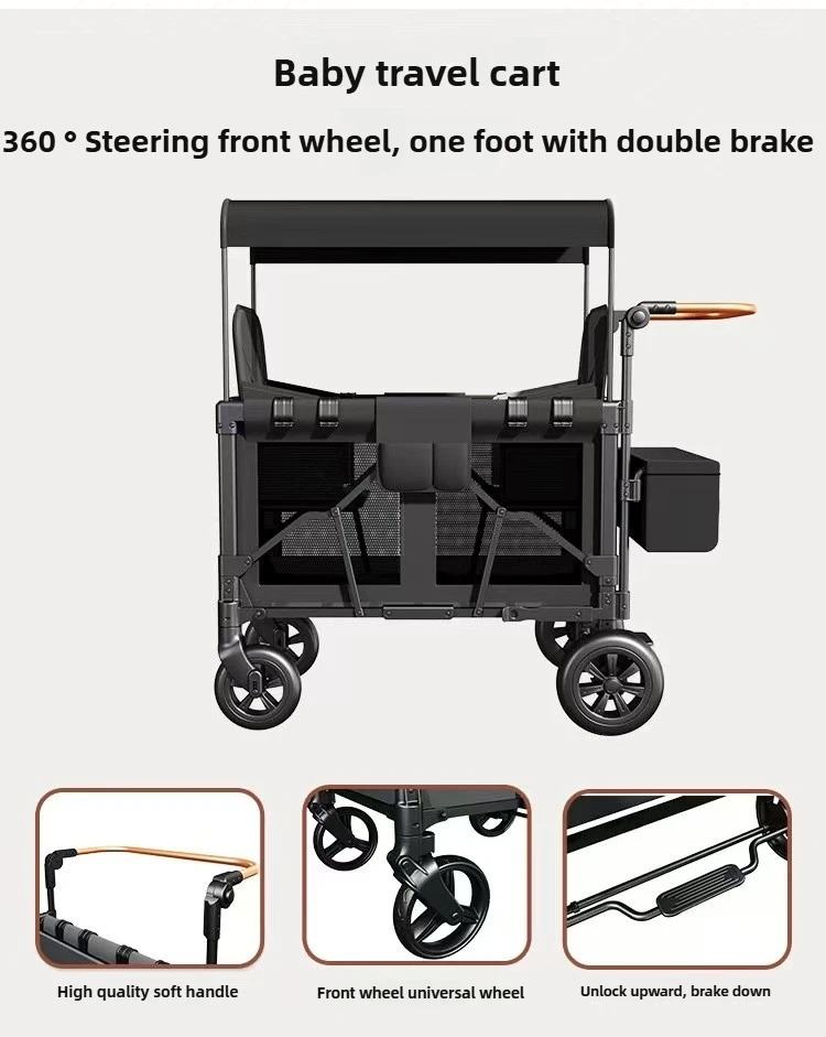 Twin Baby Stroller Children's Outdoor Camping Travel Stroller Children's Camping Stroller High View, Foldable, with Sunshade