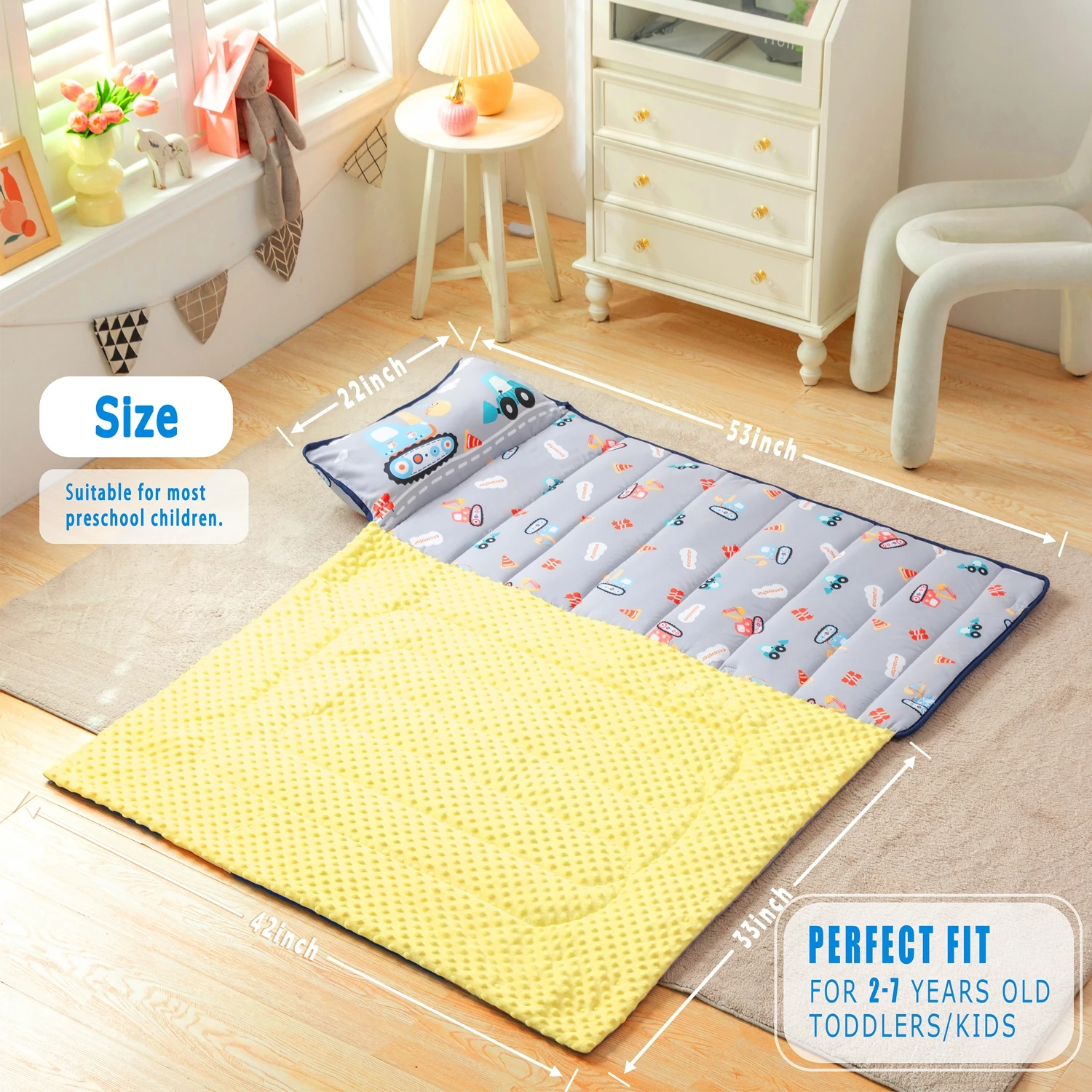 Nap Mats for Preschool Slumber Bags for Boys Girls Toddler Bedding Sleeping with Removable Pillow and Fleece Blanket Cartoon