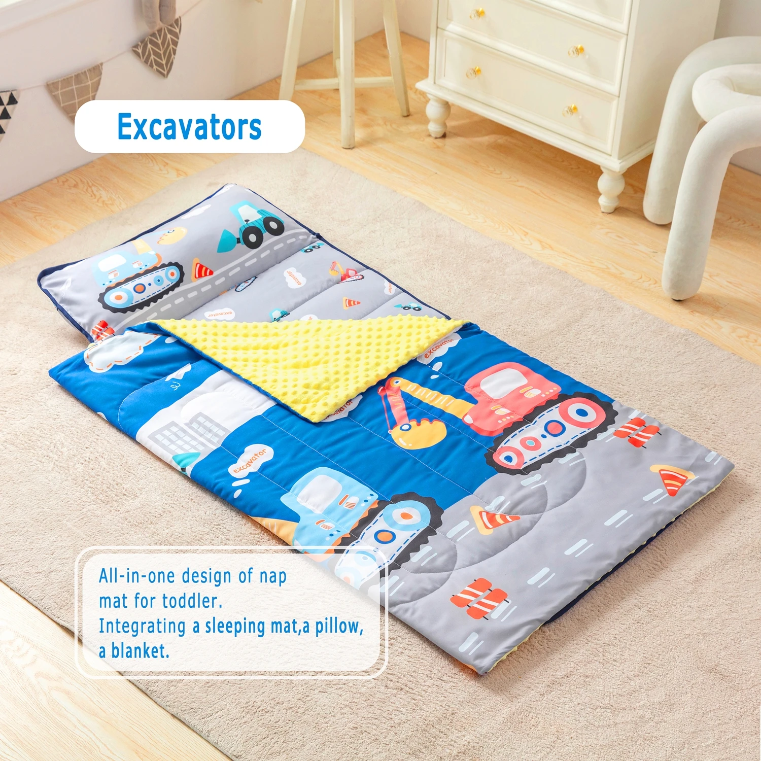 Nap Mats for Preschool Slumber Bags for Boys Girls Toddler Bedding Sleeping with Removable Pillow and Fleece Blanket Cartoon