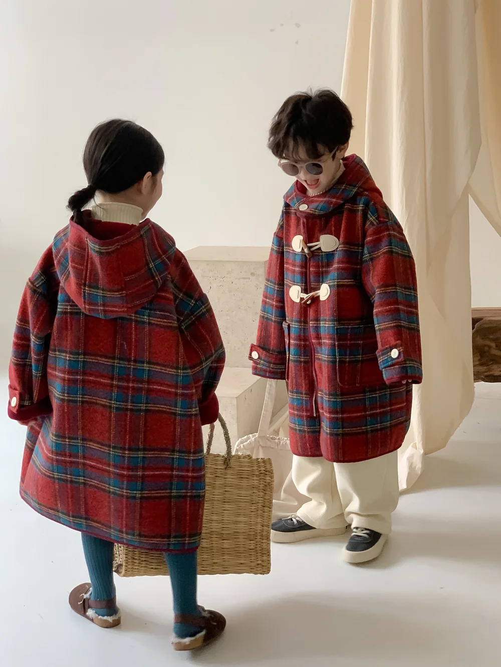 Korea Winter Children Girl Overcoat Cotton Red Plaid Horn Button Kid Baby Girl Outerwear Thicken Warm Toddler Girl Hooded Jacket