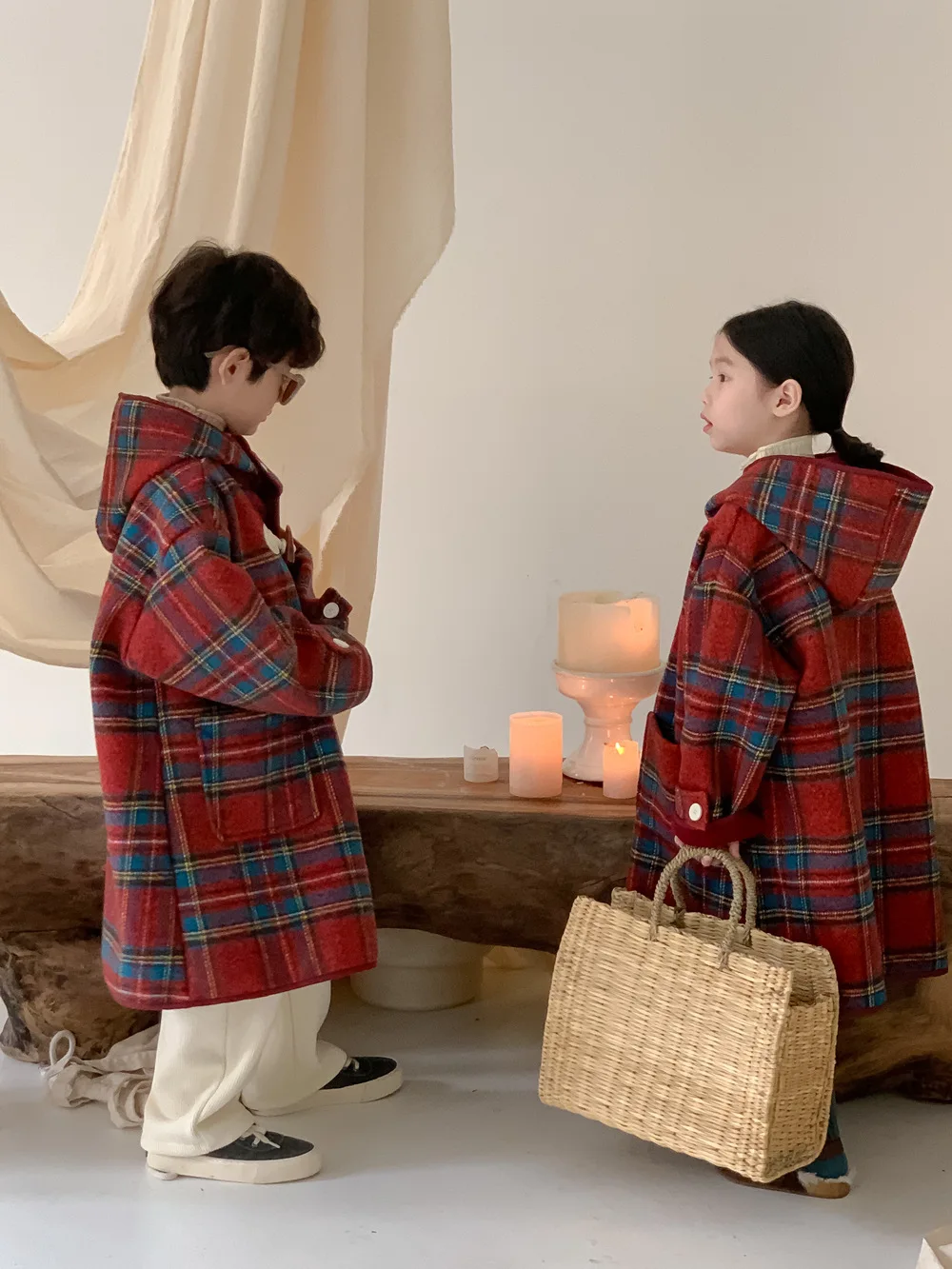 Korea Winter Children Girl Overcoat Cotton Red Plaid Horn Button Kid Baby Girl Outerwear Thicken Warm Toddler Girl Hooded Jacket