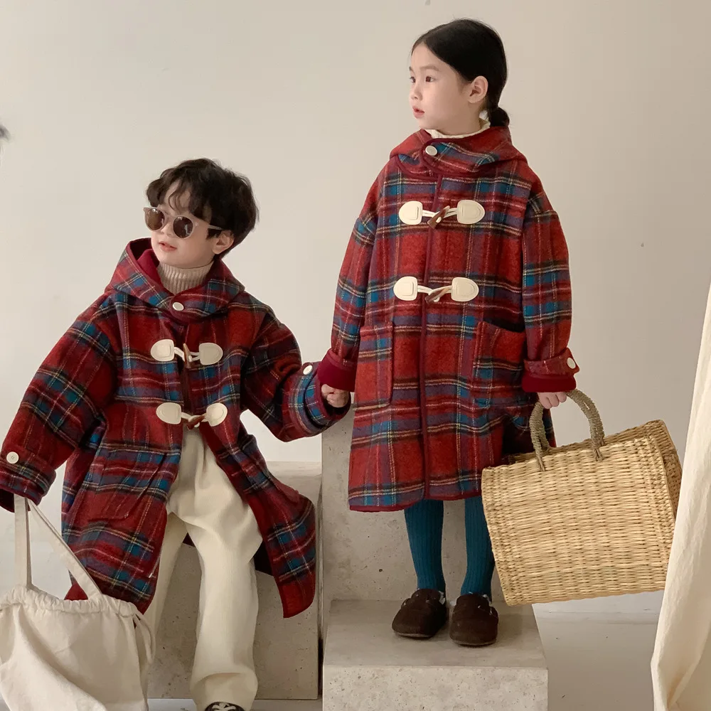 Korea Winter Children Girl Overcoat Cotton Red Plaid Horn Button Kid Baby Girl Outerwear Thicken Warm Toddler Girl Hooded Jacket