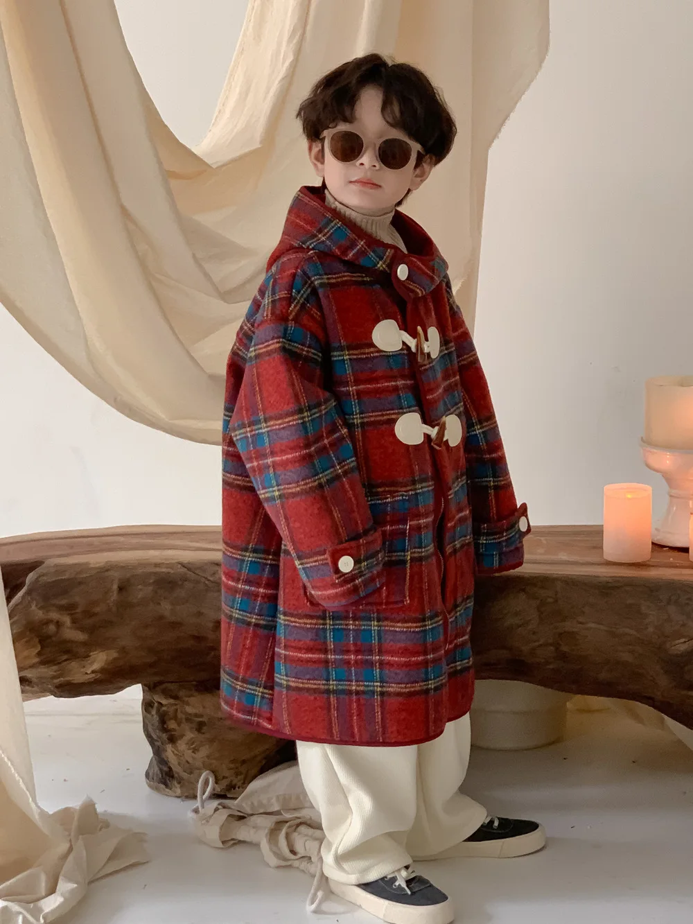 Korea Winter Children Girl Overcoat Cotton Red Plaid Horn Button Kid Baby Girl Outerwear Thicken Warm Toddler Girl Hooded Jacket