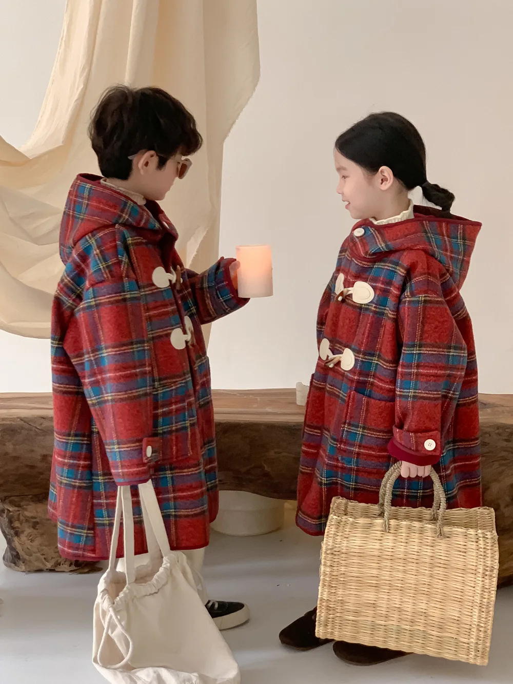 Korea Winter Children Girl Overcoat Cotton Red Plaid Horn Button Kid Baby Girl Outerwear Thicken Warm Toddler Girl Hooded Jacket