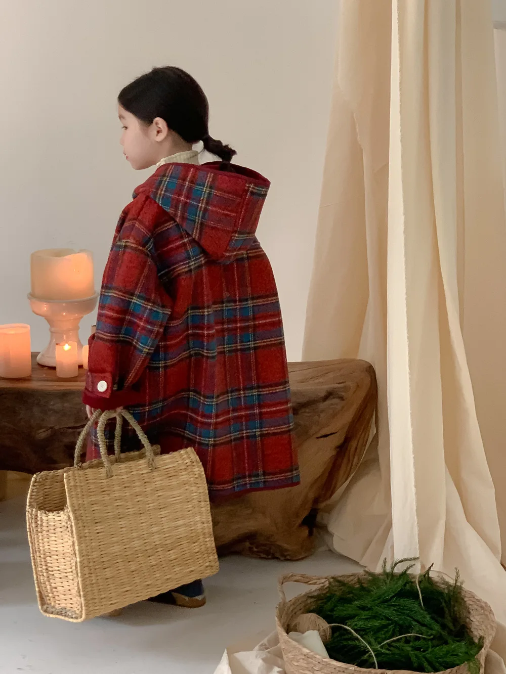 Korea Winter Children Girl Overcoat Cotton Red Plaid Horn Button Kid Baby Girl Outerwear Thicken Warm Toddler Girl Hooded Jacket