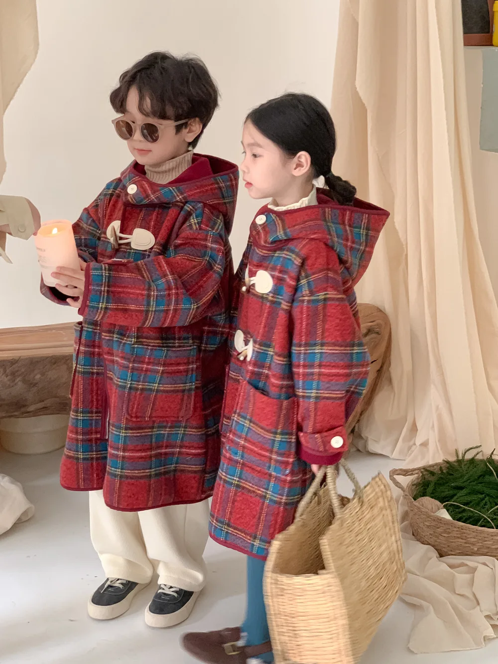 Korea Winter Children Girl Overcoat Cotton Red Plaid Horn Button Kid Baby Girl Outerwear Thicken Warm Toddler Girl Hooded Jacket