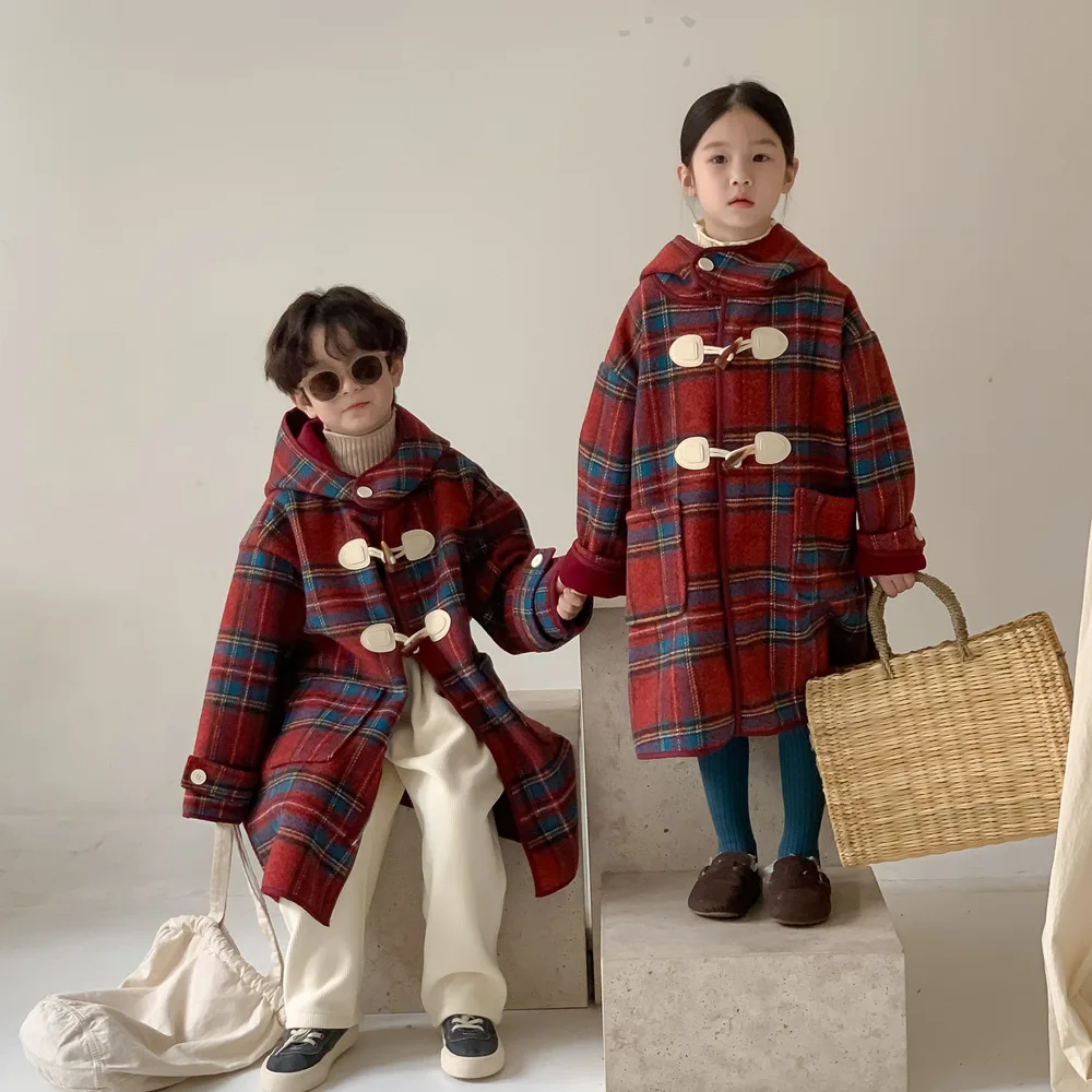 Korea Winter Children Girl Overcoat Cotton Red Plaid Horn Button Kid Baby Girl Outerwear Thicken Warm Toddler Girl Hooded Jacket
