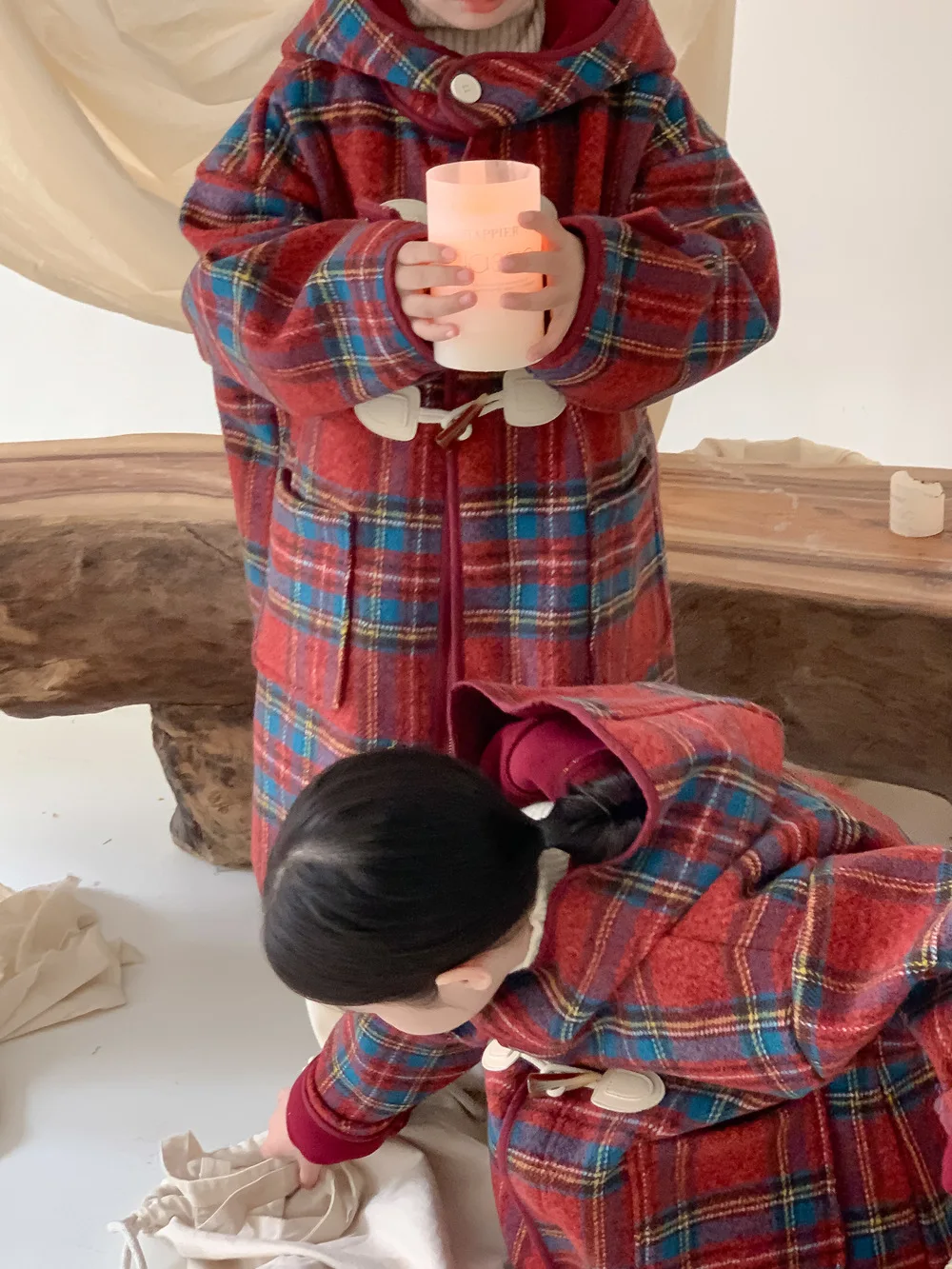 Korea Winter Children Girl Overcoat Cotton Red Plaid Horn Button Kid Baby Girl Outerwear Thicken Warm Toddler Girl Hooded Jacket