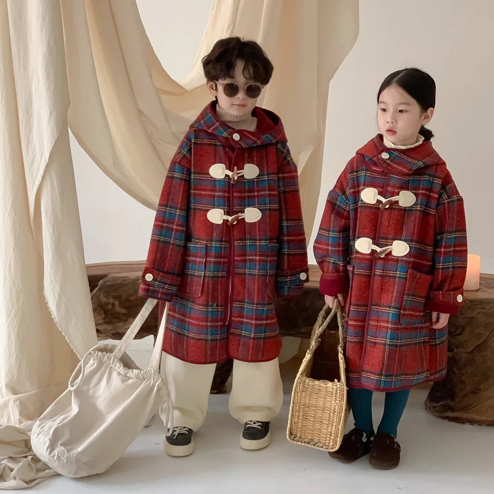 Korea Winter Children Girl Overcoat Cotton Red Plaid Horn Button Kid Baby Girl Outerwear Thicken Warm Toddler Girl Hooded Jacket