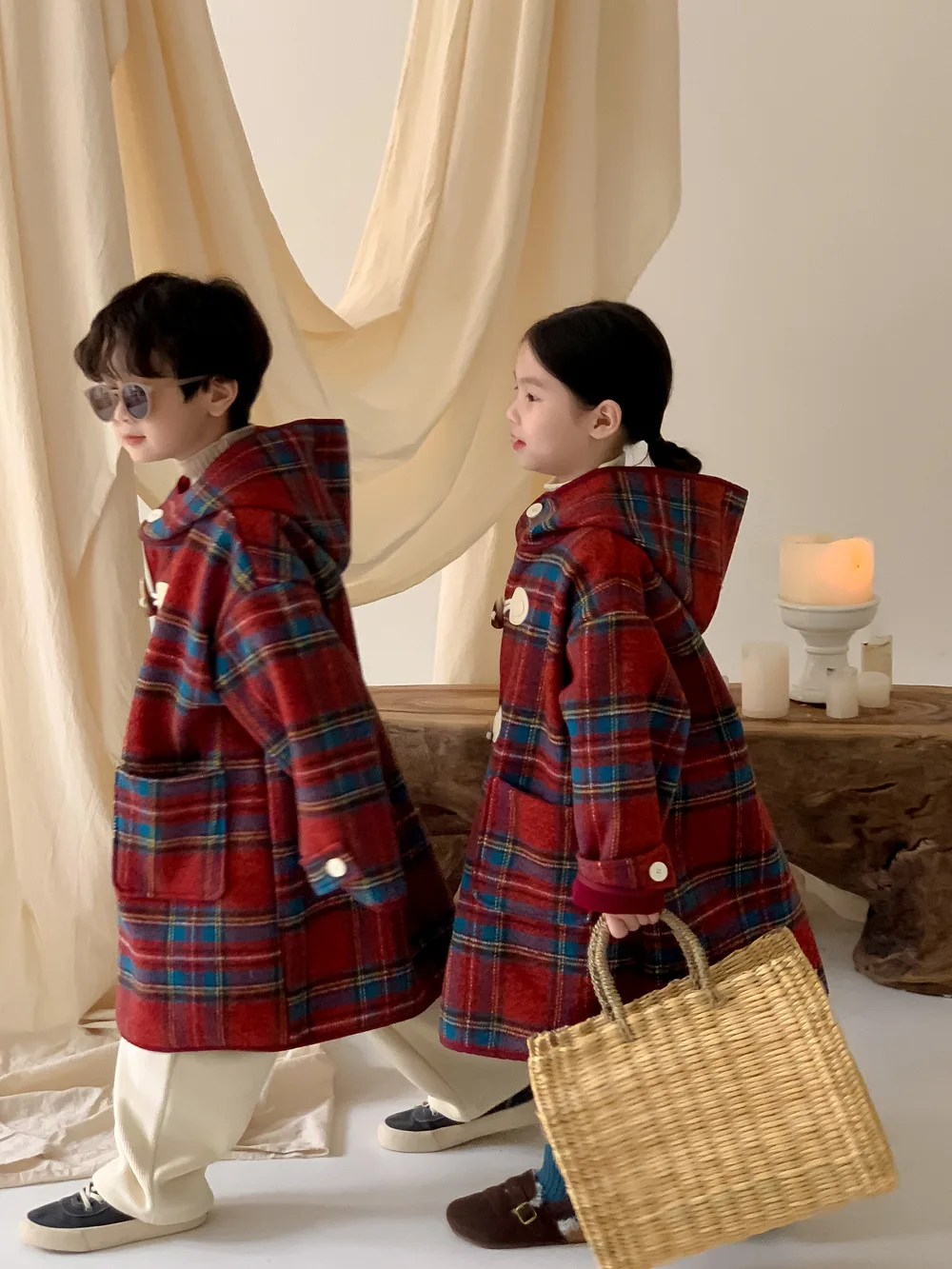 Korea Winter Children Girl Overcoat Cotton Red Plaid Horn Button Kid Baby Girl Outerwear Thicken Warm Toddler Girl Hooded Jacket