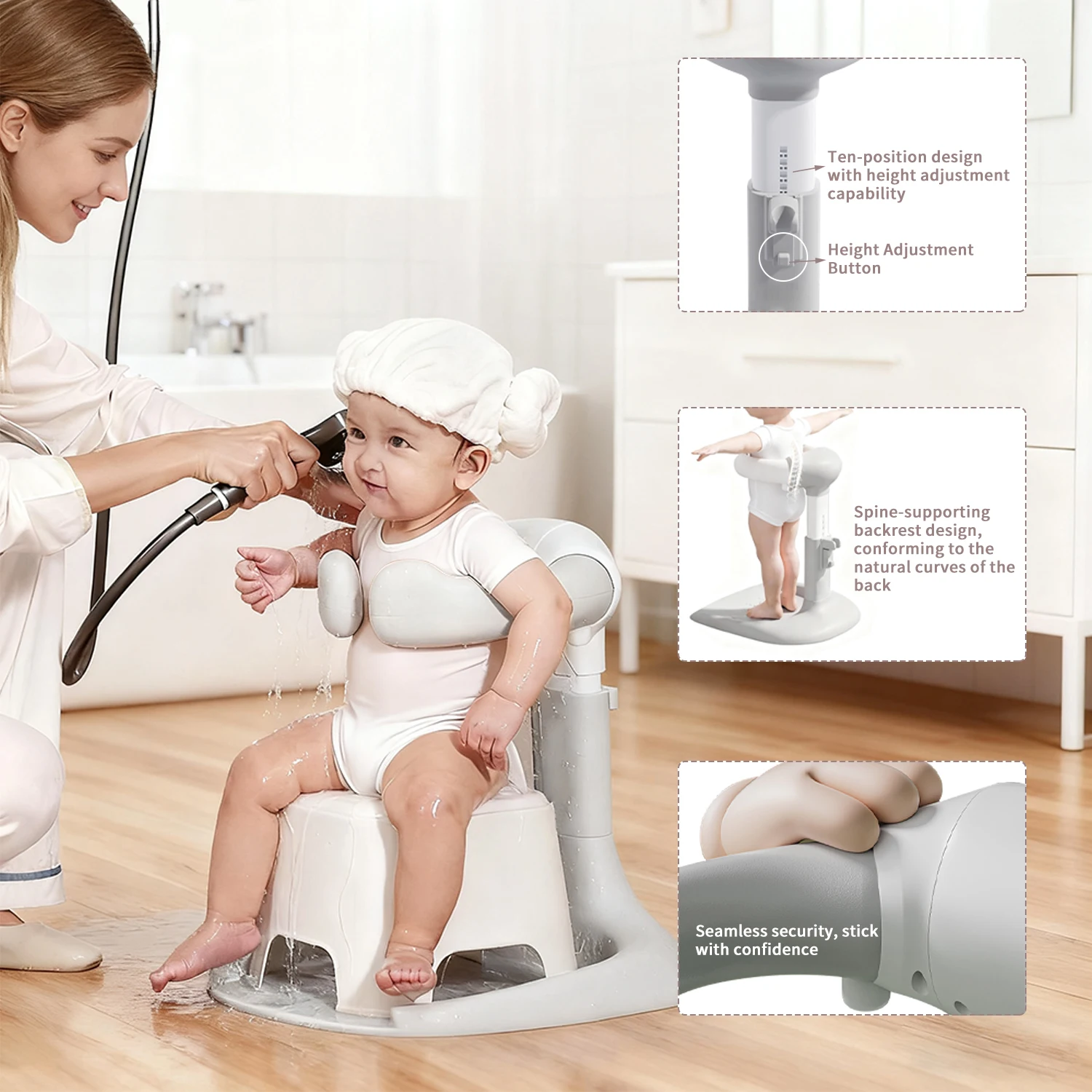 Baby Bath Stand, Baby Bath Assistant,Bath Support with Adjustable Height & Armrest, Removable, Bath Rack with Anti-Slip Base