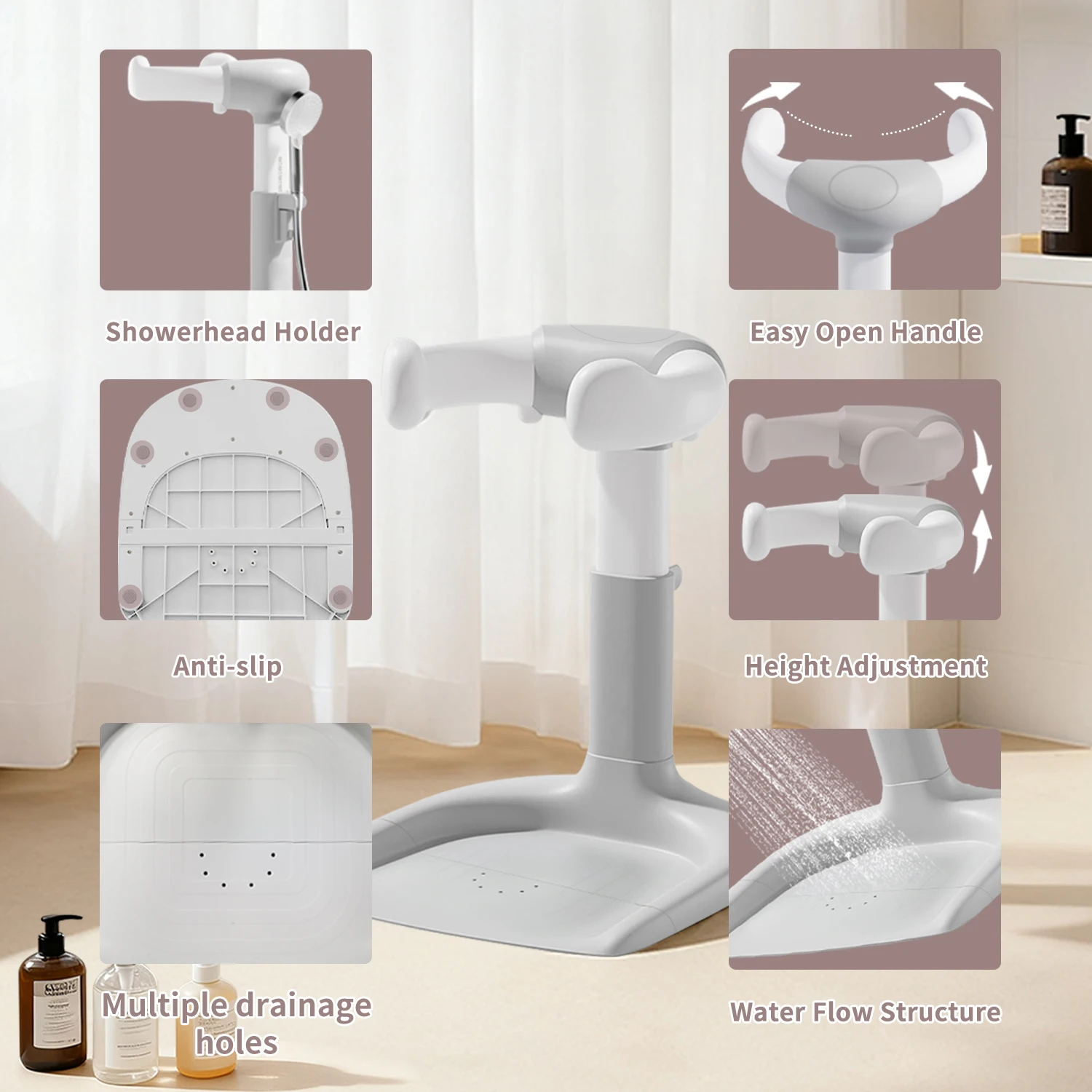 Baby Bath Stand, Baby Bath Assistant,Bath Support with Adjustable Height & Armrest, Removable, Bath Rack with Anti-Slip Base