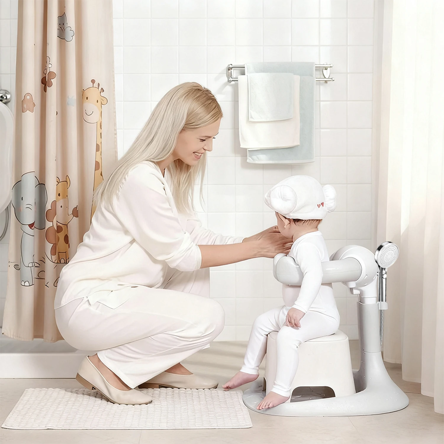 Baby Bath Stand, Baby Bath Assistant,Bath Support with Adjustable Height & Armrest, Removable, Bath Rack with Anti-Slip Base