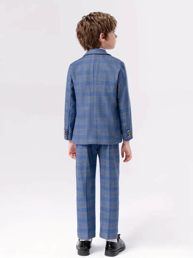 Flower Boys Blue 5Pieces/Set Jacket Vest Pants Tie Brooch Wedding Dress Kids Ceremony Costume Children Birthday Outfit Suit