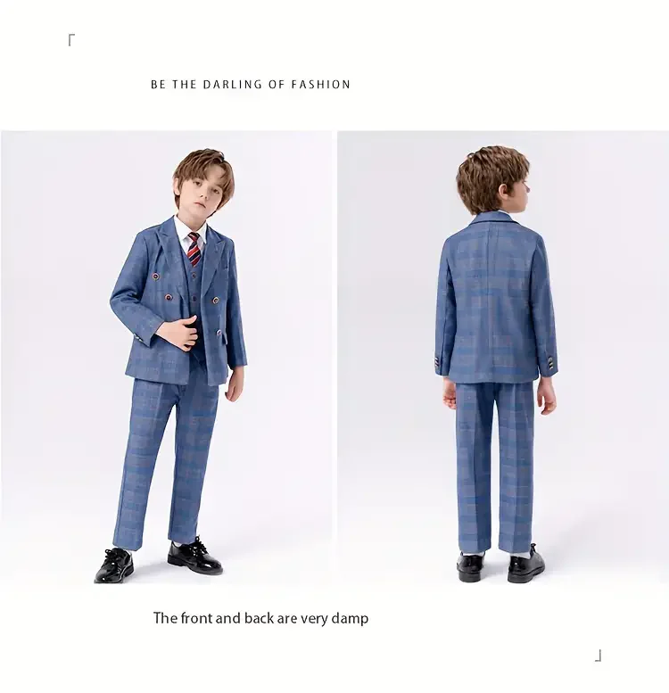 Flower Boys Blue 5Pieces/Set Jacket Vest Pants Tie Brooch Wedding Dress Kids Ceremony Costume Children Birthday Outfit Suit