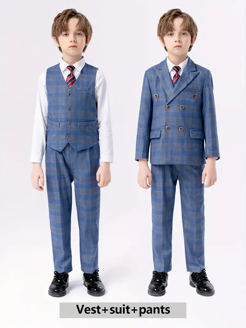 Flower Boys Blue 5Pieces/Set Jacket Vest Pants Tie Brooch Wedding Dress Kids Ceremony Costume Children Birthday Outfit Suit
