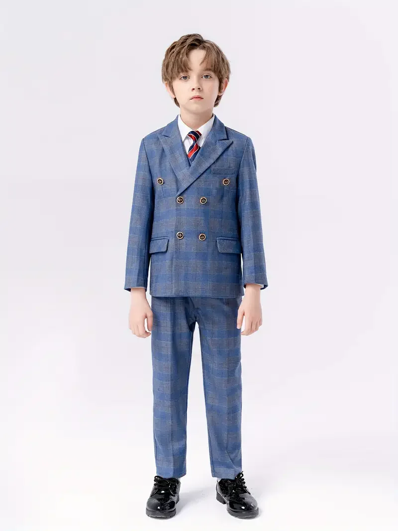 Flower Boys Blue 5Pieces/Set Jacket Vest Pants Tie Brooch Wedding Dress Kids Ceremony Costume Children Birthday Outfit Suit