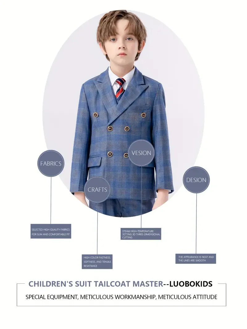 Flower Boys Blue 5Pieces/Set Jacket Vest Pants Tie Brooch Wedding Dress Kids Ceremony Costume Children Birthday Outfit Suit