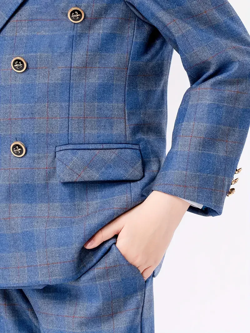 Flower Boys Blue 5Pieces/Set Jacket Vest Pants Tie Brooch Wedding Dress Kids Ceremony Costume Children Birthday Outfit Suit