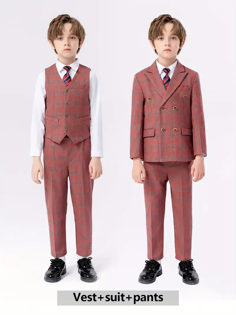 Flower Boys Blue 5Pieces/Set Jacket Vest Pants Tie Brooch Wedding Dress Kids Ceremony Costume Children Birthday Outfit Suit
