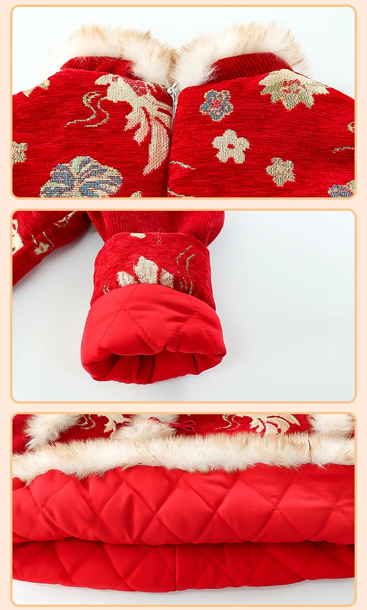 Girls Hanfu Suits Winter Children Tangsuit Traditional Chinese New Year Customes Kids Thicken Warm Red Coat+Pants 2 Pieces Sets