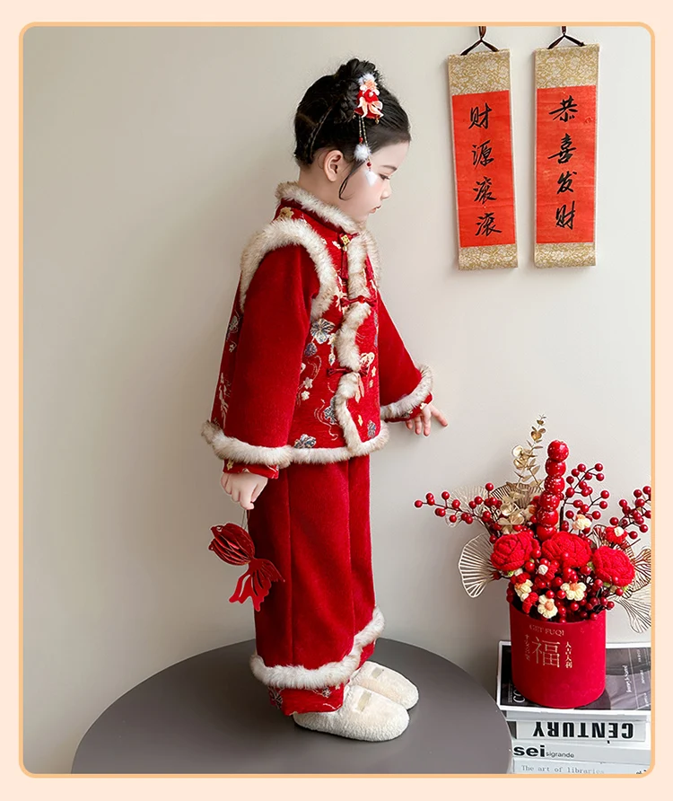 Girls Hanfu Suits Winter Children Tangsuit Traditional Chinese New Year Customes Kids Thicken Warm Red Coat+Pants 2 Pieces Sets