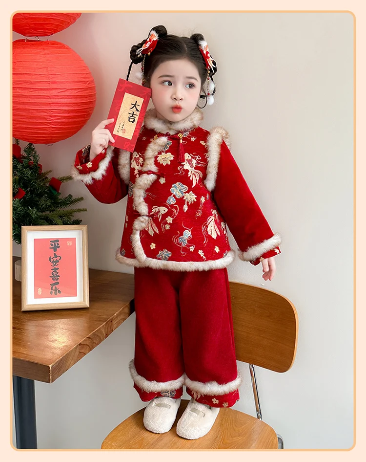 Girls Hanfu Suits Winter Children Tangsuit Traditional Chinese New Year Customes Kids Thicken Warm Red Coat+Pants 2 Pieces Sets