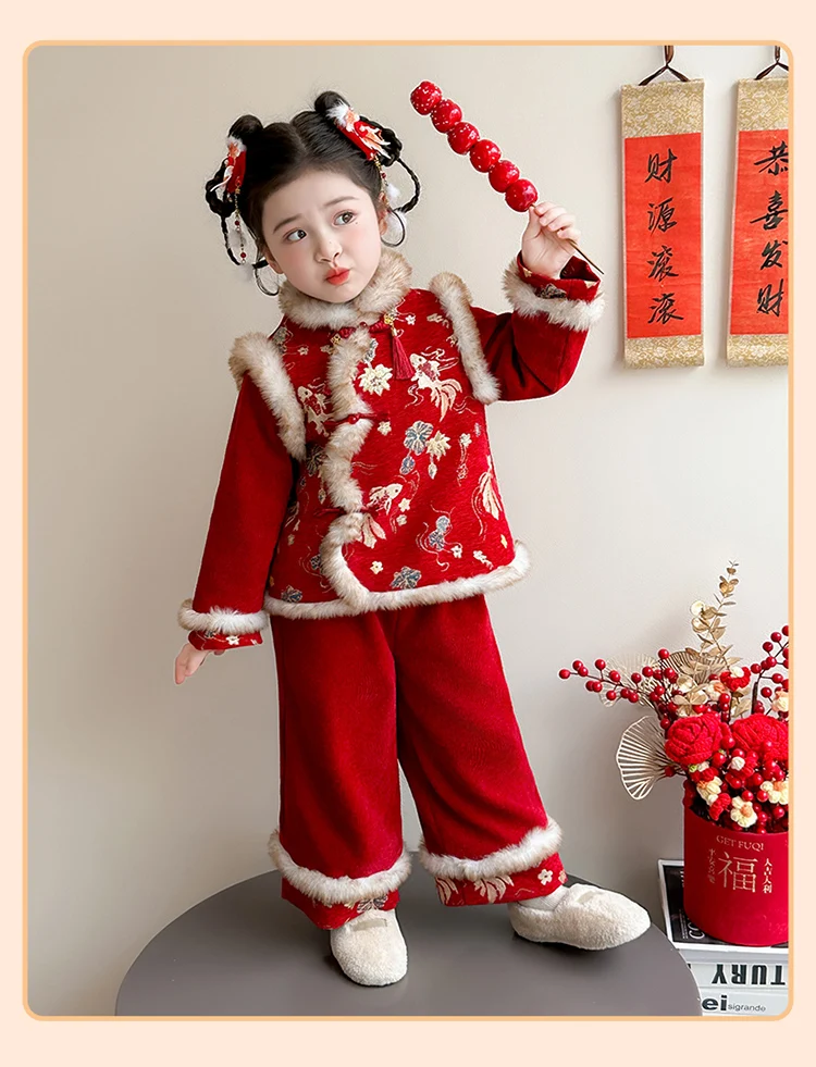 Girls Hanfu Suits Winter Children Tangsuit Traditional Chinese New Year Customes Kids Thicken Warm Red Coat+Pants 2 Pieces Sets