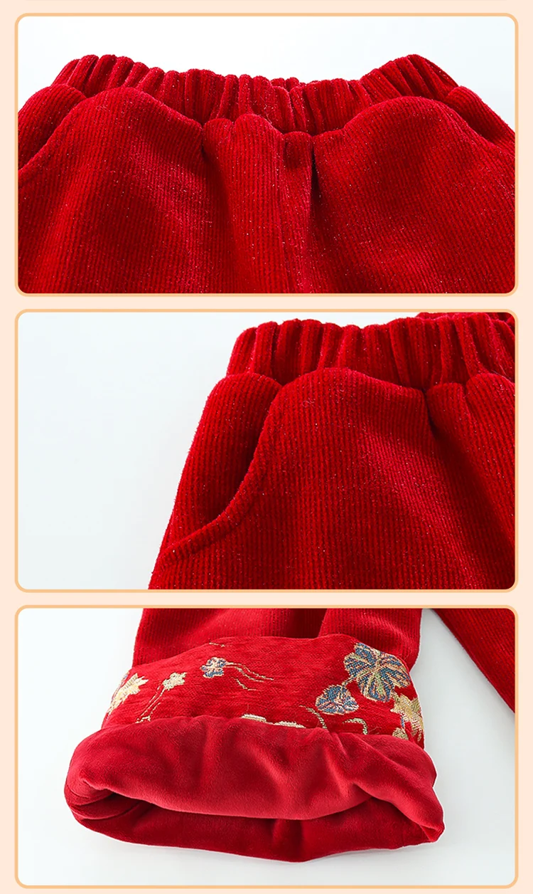 Girls Hanfu Suits Winter Children Tangsuit Traditional Chinese New Year Customes Kids Thicken Warm Red Coat+Pants 2 Pieces Sets