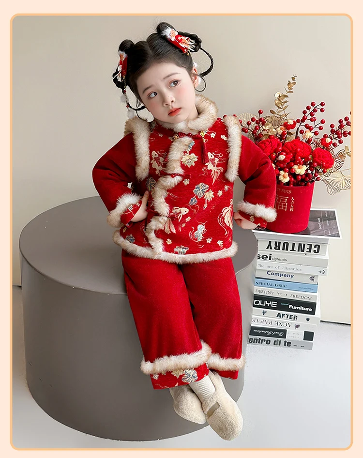 Girls Hanfu Suits Winter Children Tangsuit Traditional Chinese New Year Customes Kids Thicken Warm Red Coat+Pants 2 Pieces Sets