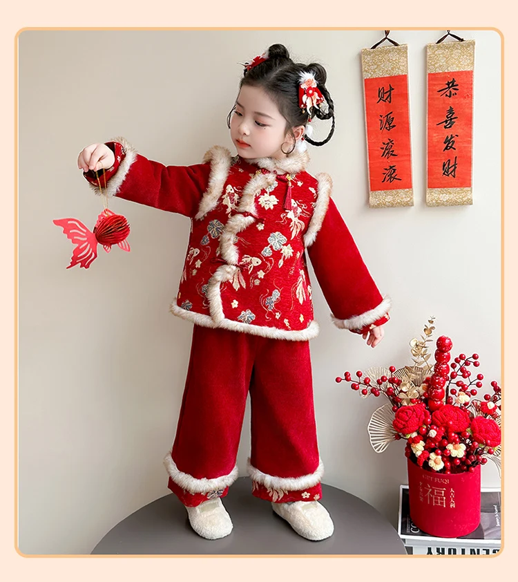 Girls Hanfu Suits Winter Children Tangsuit Traditional Chinese New Year Customes Kids Thicken Warm Red Coat+Pants 2 Pieces Sets