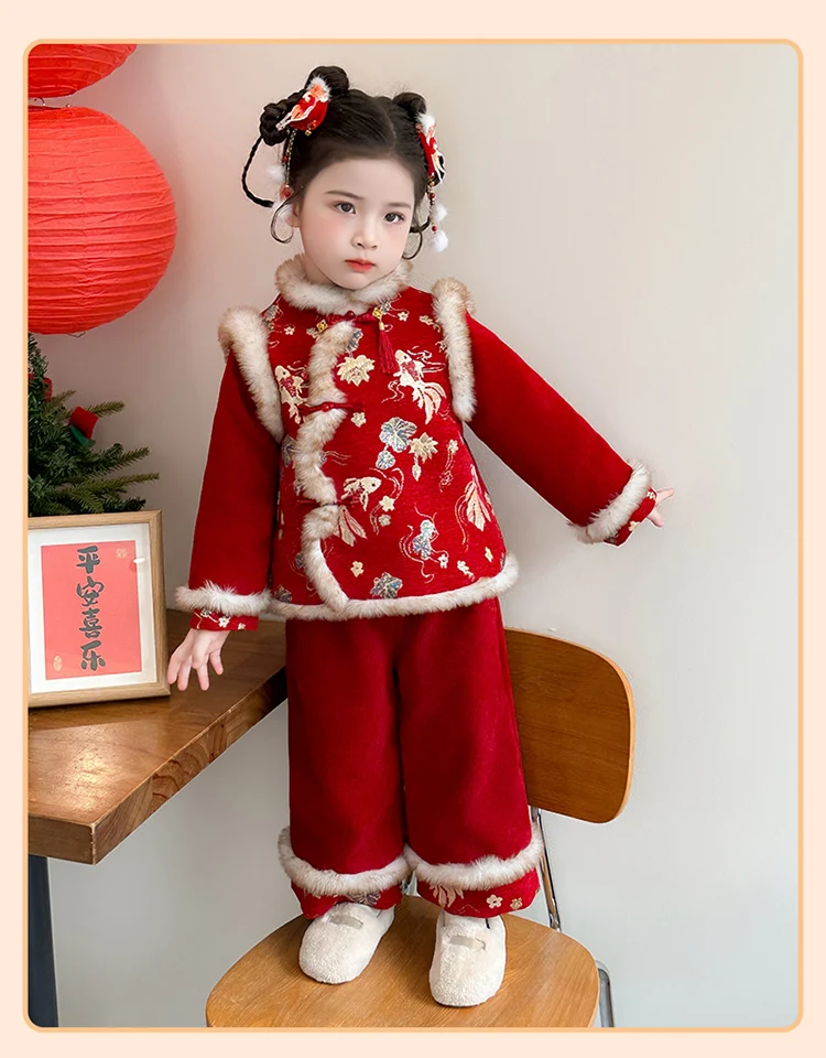 Girls Hanfu Suits Winter Children Tangsuit Traditional Chinese New Year Customes Kids Thicken Warm Red Coat+Pants 2 Pieces Sets