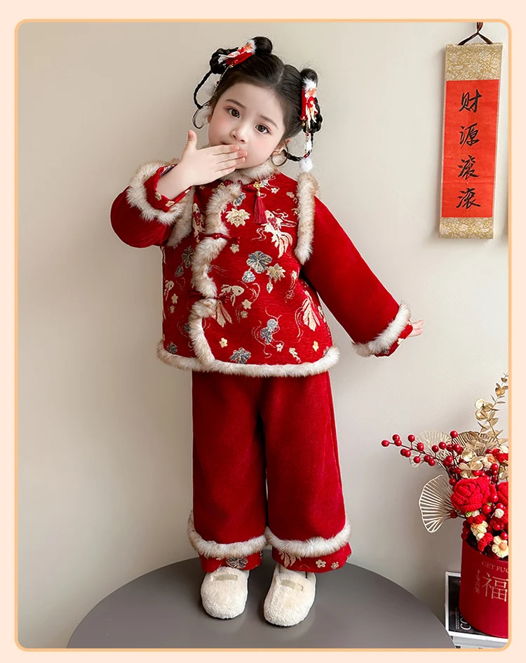 Girls Hanfu Suits Winter Children Tangsuit Traditional Chinese New Year Customes Kids Thicken Warm Red Coat+Pants 2 Pieces Sets