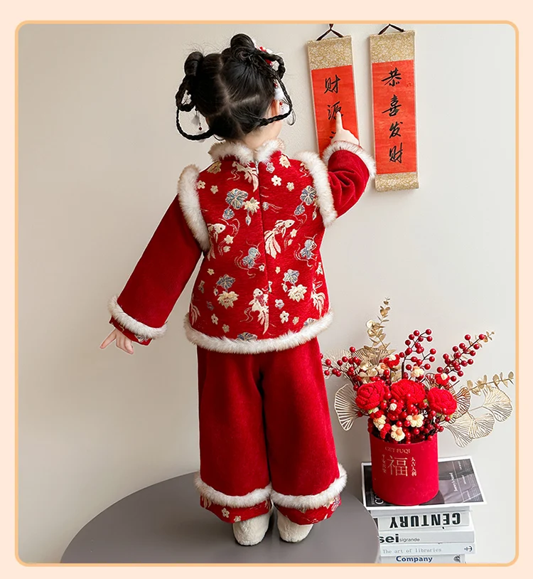 Girls Hanfu Suits Winter Children Tangsuit Traditional Chinese New Year Customes Kids Thicken Warm Red Coat+Pants 2 Pieces Sets