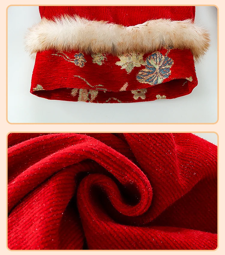 Girls Hanfu Suits Winter Children Tangsuit Traditional Chinese New Year Customes Kids Thicken Warm Red Coat+Pants 2 Pieces Sets