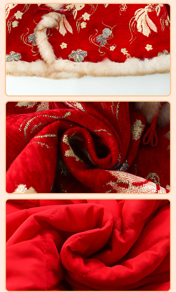 Girls Hanfu Suits Winter Children Tangsuit Traditional Chinese New Year Customes Kids Thicken Warm Red Coat+Pants 2 Pieces Sets