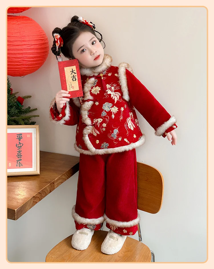 Girls Hanfu Suits Winter Children Tangsuit Traditional Chinese New Year Customes Kids Thicken Warm Red Coat+Pants 2 Pieces Sets