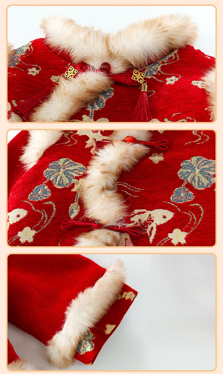 Girls Hanfu Suits Winter Children Tangsuit Traditional Chinese New Year Customes Kids Thicken Warm Red Coat+Pants 2 Pieces Sets
