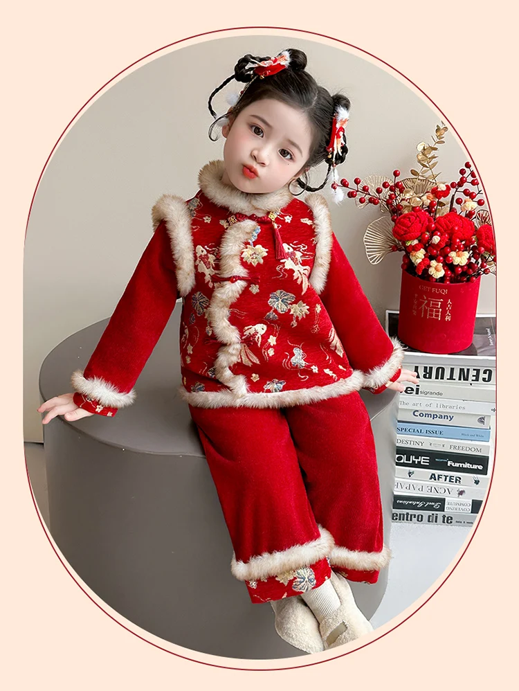 Girls Hanfu Suits Winter Children Tangsuit Traditional Chinese New Year Customes Kids Thicken Warm Red Coat+Pants 2 Pieces Sets