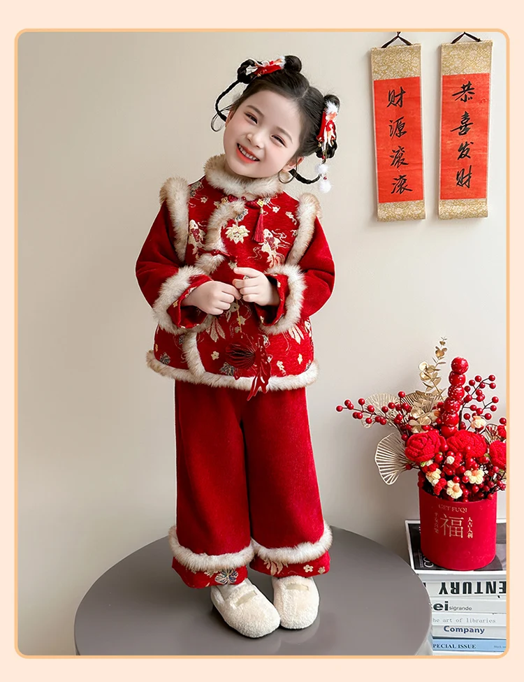 Girls Hanfu Suits Winter Children Tangsuit Traditional Chinese New Year Customes Kids Thicken Warm Red Coat+Pants 2 Pieces Sets
