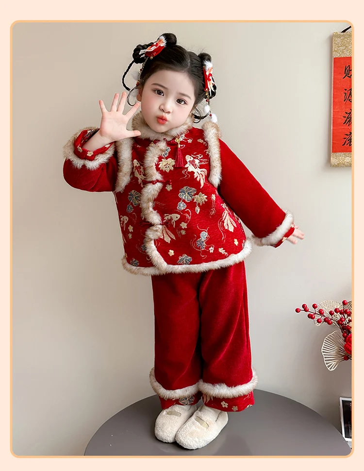Girls Hanfu Suits Winter Children Tangsuit Traditional Chinese New Year Customes Kids Thicken Warm Red Coat+Pants 2 Pieces Sets